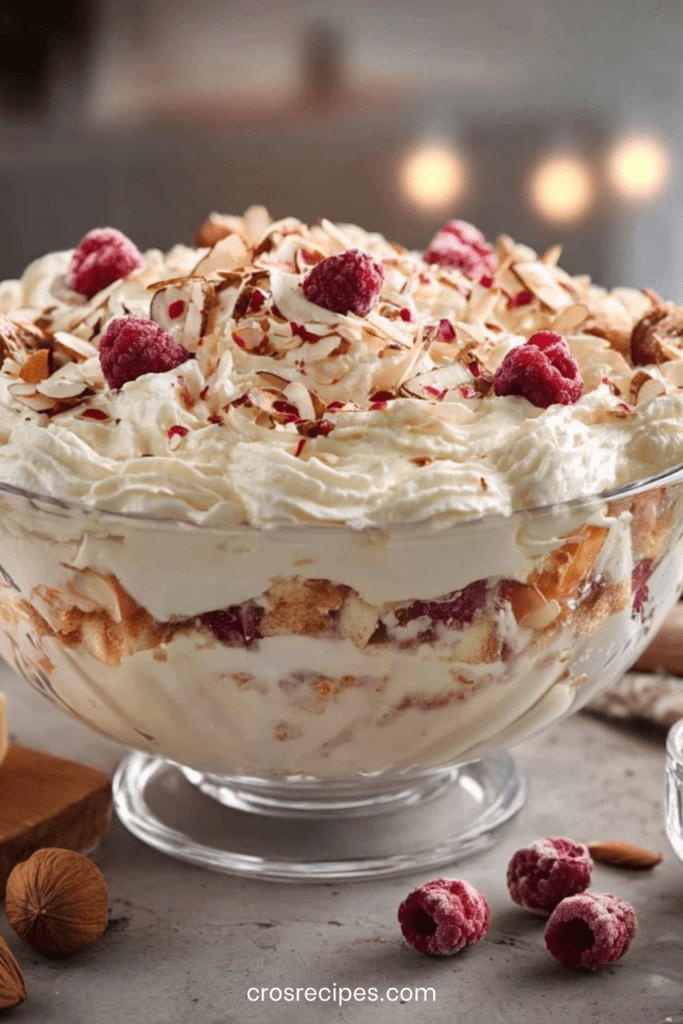 Trifle framboises à la crème vanillée et amandes, présenté en grand saladier transparent avec couches visibles de biscuit, crème et fruits rouges.