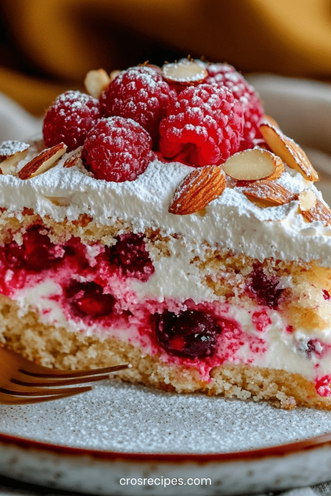 Gâteau au yaourt revisité aux framboises garni de crème légère et d’amandes effilées, présenté sur un plat avec texture moelleuse et fruits frais.