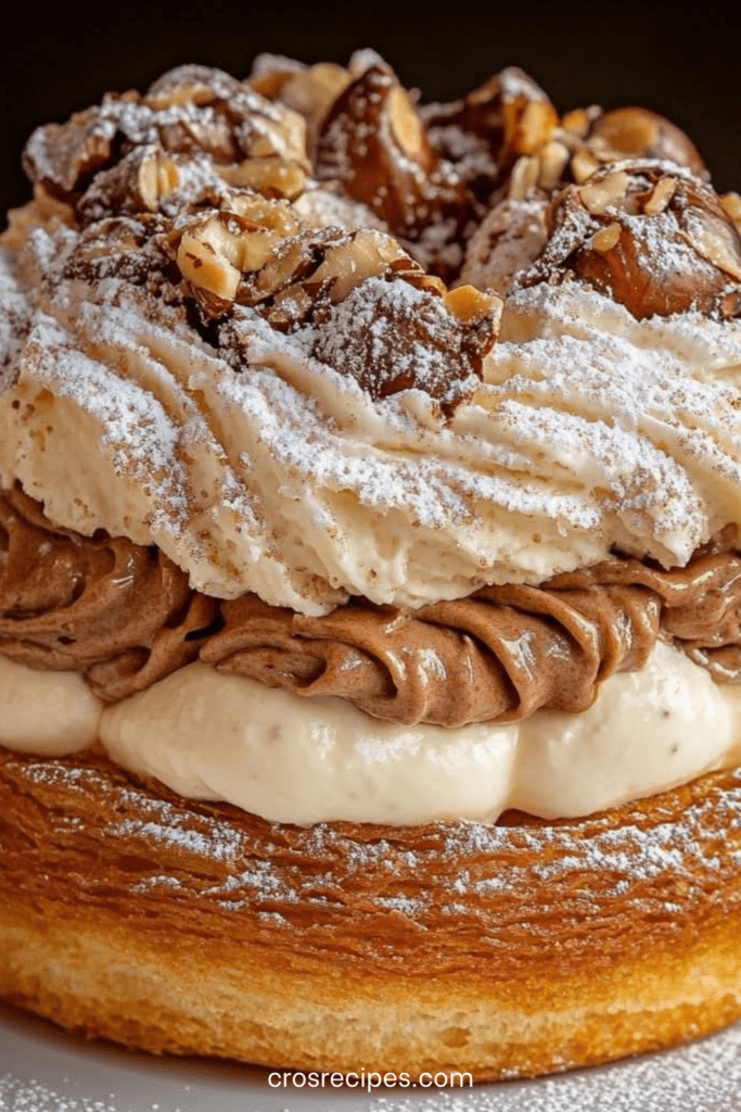 Paris-Brest praliné noisette coupé en deux, garni de crème pralinée et chantilly, décoré de noisettes concassées et sucre glace.