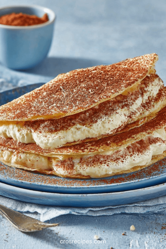 Crêpes façon tiramisu garnies de crème mascarpone onctueuse, saupoudrées de cacao, servies en dessert gourmand.