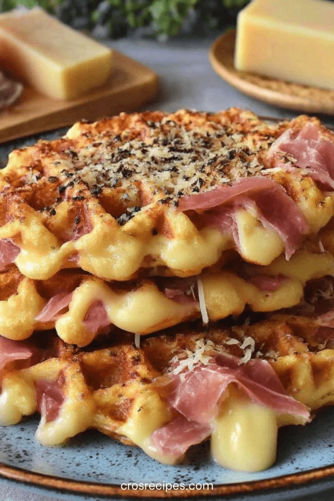 Gaufres salées dorées garnies de jambon cru et fromage fondant, servies chaudes avec une texture croustillante et un cœur coulant.