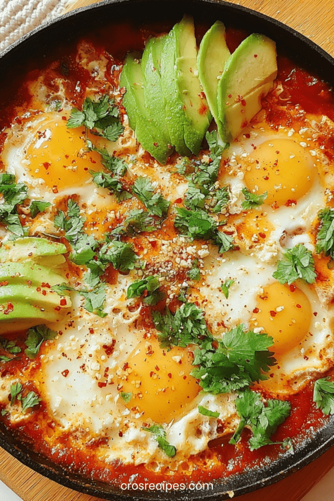 Shakshuka aux œufs coulants dans une sauce tomate, garnie d’avocat frais, feta émiettée et coriandre, servie avec pain grillé.