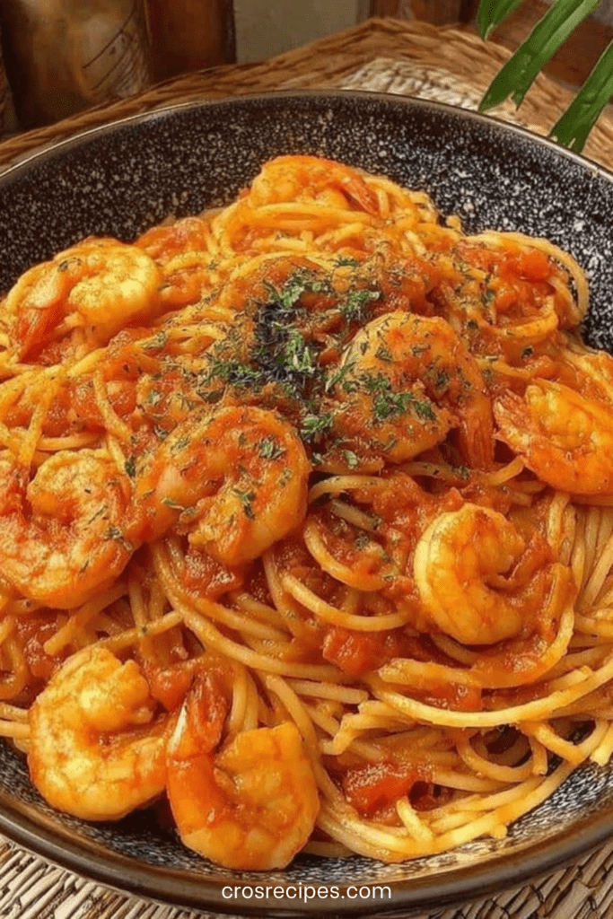 Spaghetti aux crevettes nappés de sauce tomate maison, garnis de persil, servis chauds dans une assiette de pâtes gourmandes.