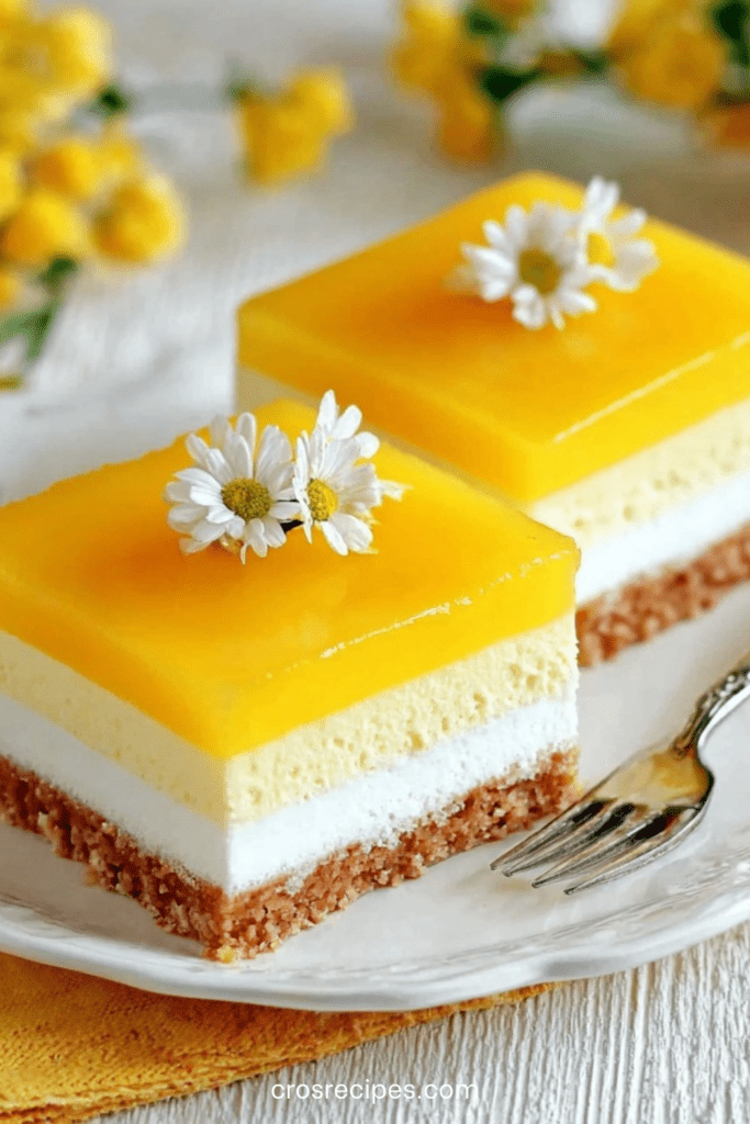 Carrés mousse mangue et vanille avec base biscuitée, couche vanille onctueuse, mousse mangue aérienne et nappage brillant, décorés de fleurs comestibles.