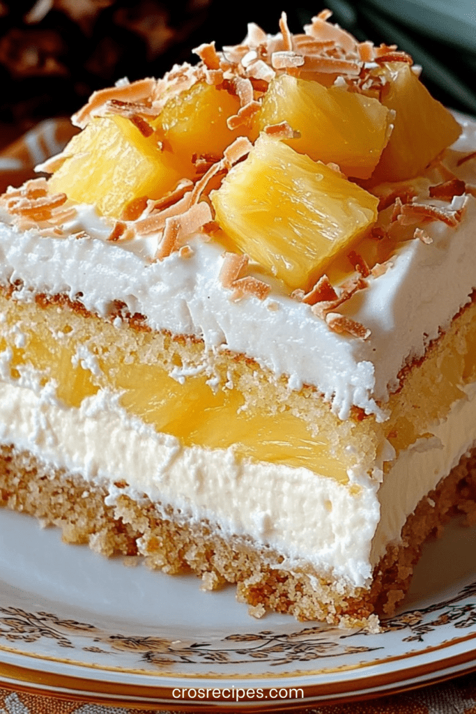 Gâteau au yaourt garni d’ananas et recouvert de crème coco onctueuse, décoré de noix de coco râpée et copeaux, présenté en dessert gourmand.
