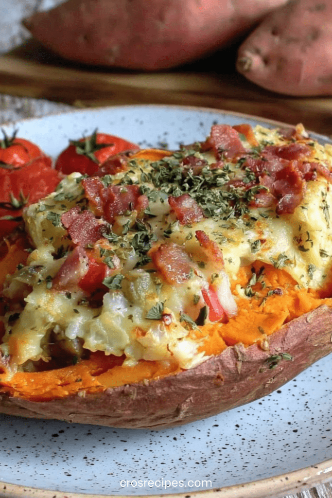 Patate douce farcie aux lardons et fromage fondu, gratinée au four, garnie de tomates cerises et persil frais, servie chaude.
