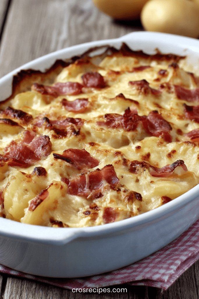 Gratin de pommes de terre aux lardons doré au four, pommes de terre fondantes, lardons fumés et crème onctueuse, servi chaud dans un plat familial.