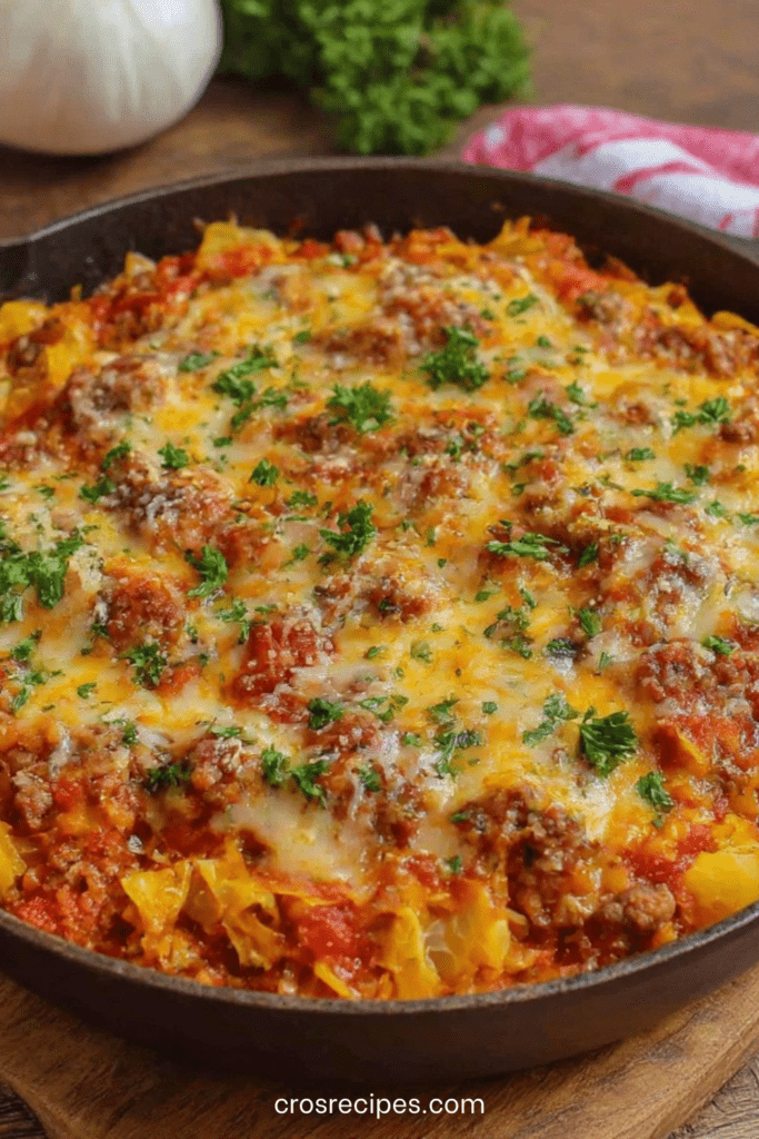 Gratin de chou blanc à la viande hachée, sauce tomate italienne et fromage fondu doré au four, servi chaud dans un plat familial.
