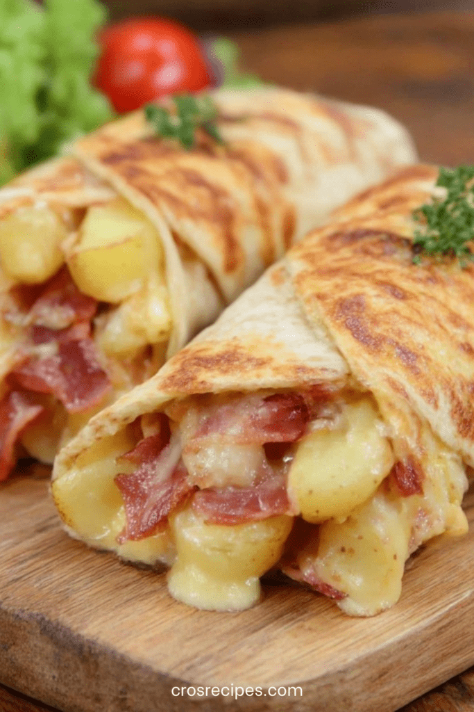 Wraps chauds garnis de pommes de terre, lardons et reblochon fondu, dorés à la poêle et servis bien chauds.
