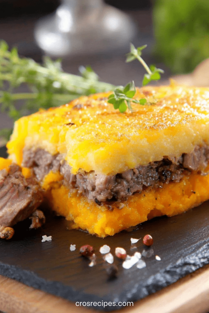 Parmentier de canard à la patate douce gratiné au four, doré sur le dessus, servi chaud dans un plat à gratin avec texture fondante.