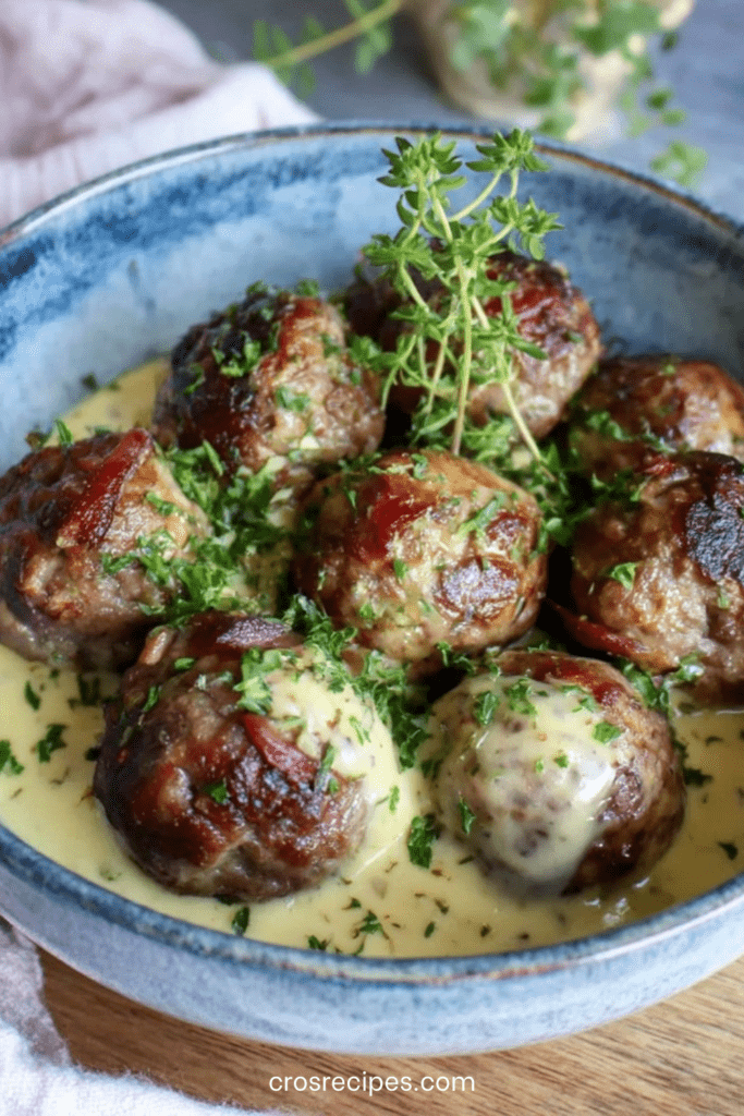 Boulettes de bœuf à la moutarde ancienne nappées de sauce crémeuse, servies chaudes dans une poêle avec herbes fraîches et texture fondante.