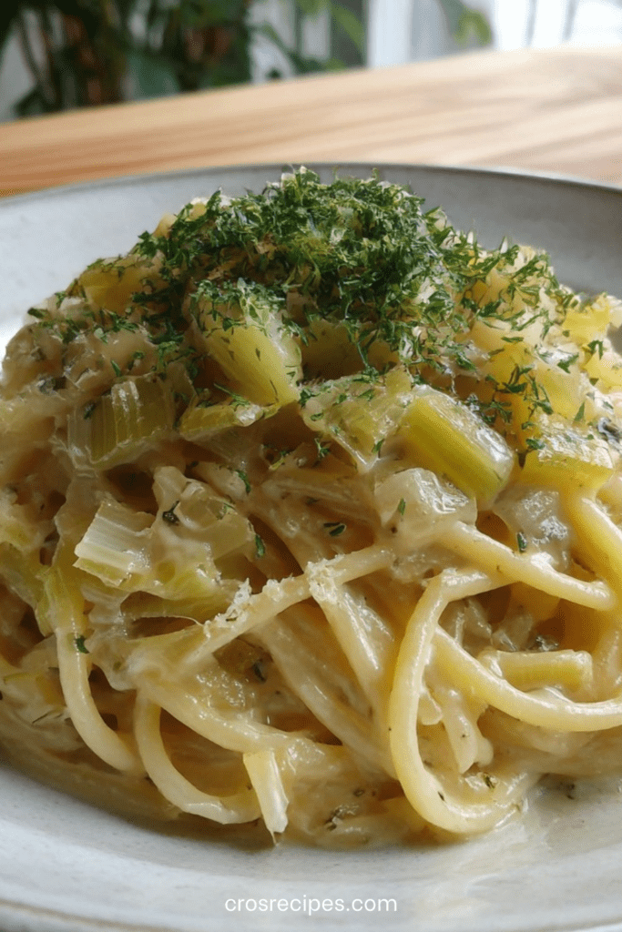 Assiette de pâtes crémeuses longues nappées d’une sauce crémeuse aux poireaux fondants et citron, garnie d’herbes fraîches et zeste de citron.