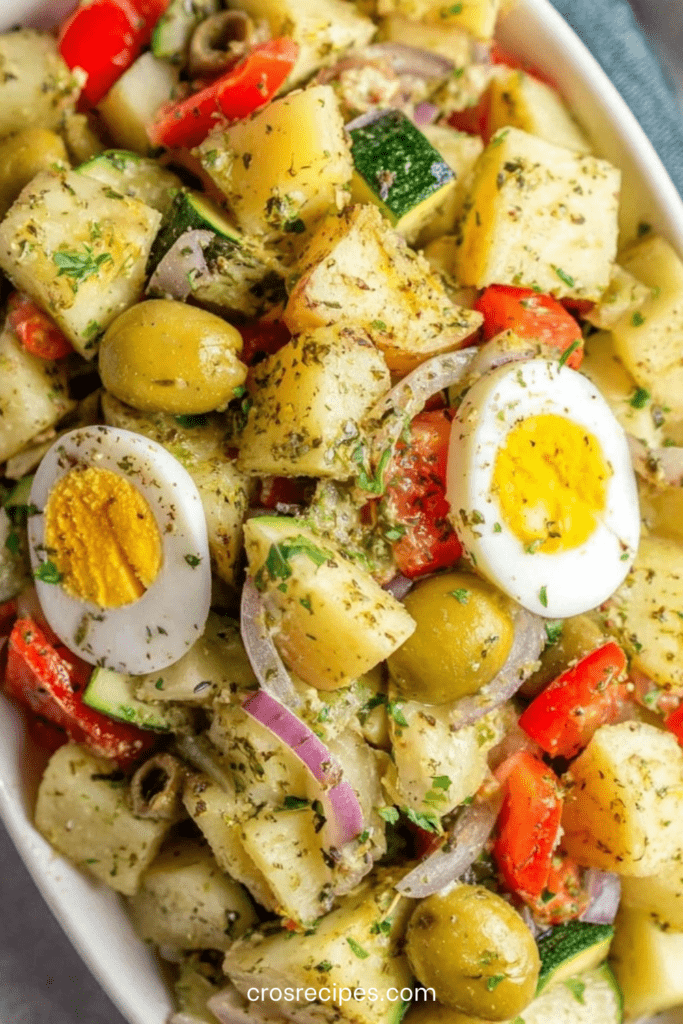 Salade italienne de pommes de terre avec œufs durs, tomates, courgettes, olives vertes et herbes fraîches, assaisonnée à l’huile d’olive. Insalata di Patate