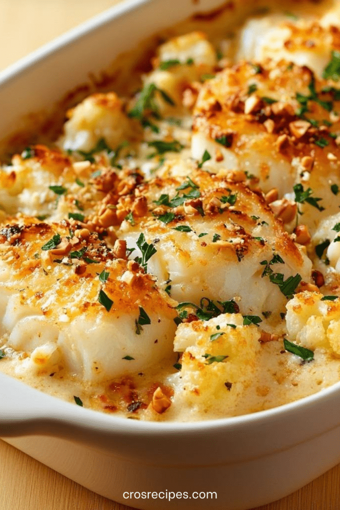 Gratin de cabillaud au chou-fleur nappé de crème, gratiné au fromage et parsemé de fruits secs dorés, servi chaud dans un plat familial.