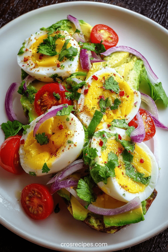 Tartine de pain grillé garnie d’avocat frais, d’œufs mollets, tomates cerises, oignon rouge et coriandre, arrosée d’huile d’olive.