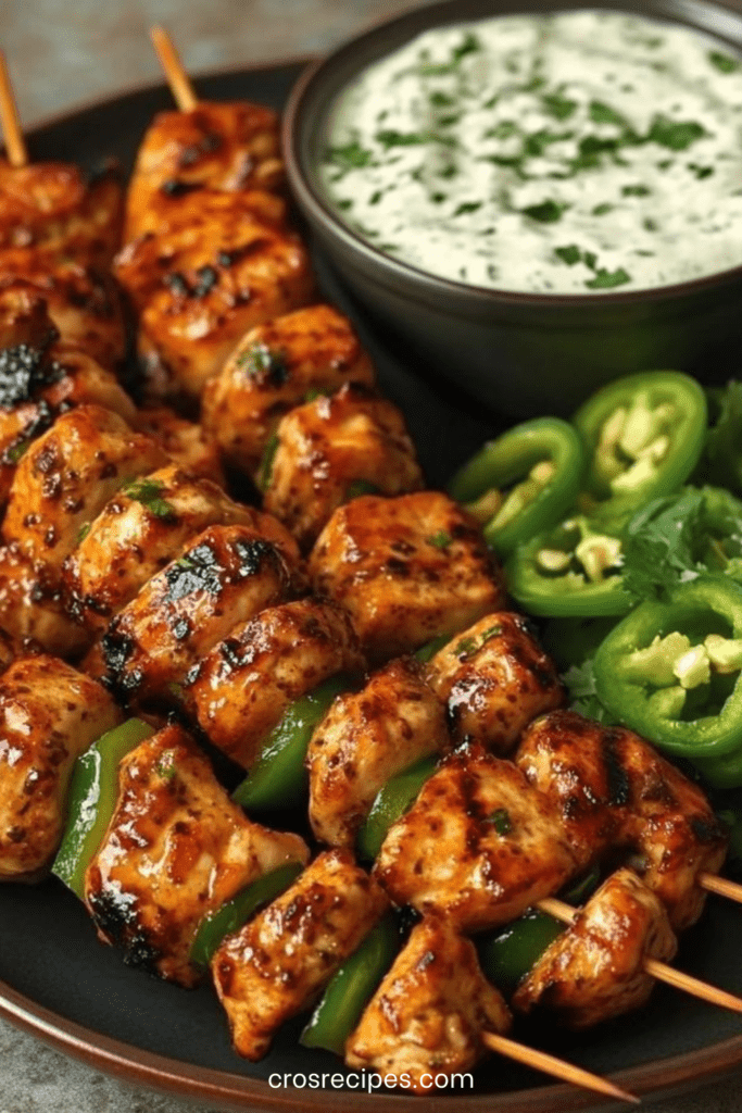 Brochettes de poulet grillé dorées avec poivron et oignon rouge, accompagnées d’une sauce crémeuse à la coriandre, servies chaudes sur un plat en bois.