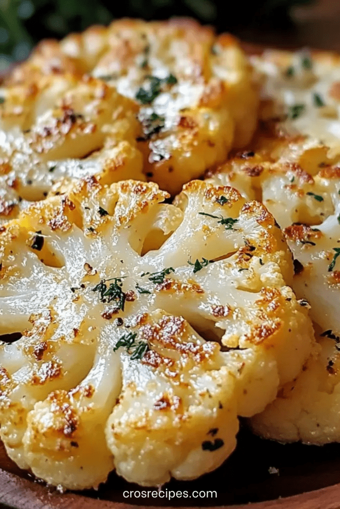 Steaks de chou-fleur rôtis dorés au four avec parmesan fondu, ail et herbes, texture croustillante, servis chauds sur plaque de cuisson.