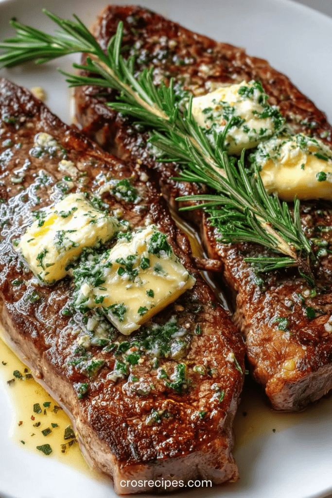 Steak poêlé de bœuf doré avec beurre fondu à l’ail, romarin et thym, servi en tranches juteuses sur une planche en bois.