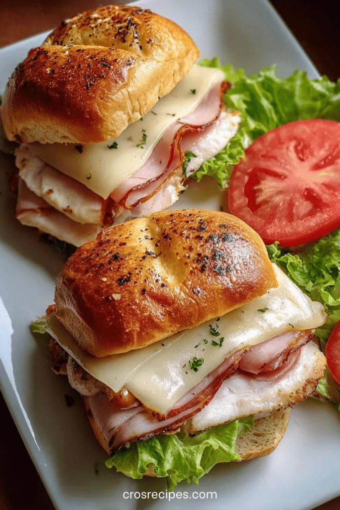 Mini-sandwichs briochés jambon-fromage dorés au four, nappés de beurre aromatisé, fromage fondu visible, servis chauds dans un plat de cuisson.