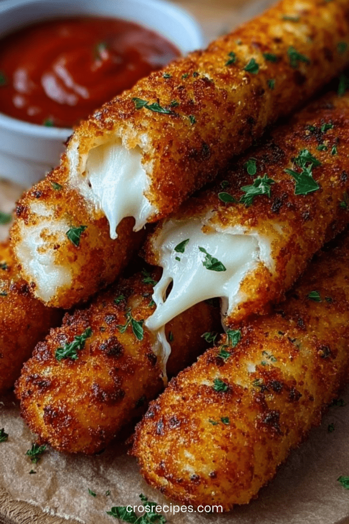Bâtonnets de mozzarella frits dorés et croustillants, fromage filant à l’intérieur, servis chauds avec sauce marinara sur planche en bois.
