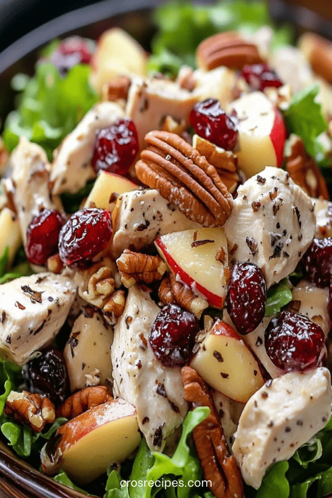 Salade de poulet crémeuse avec canneberges séchées, pacanes grillées et morceaux de pomme, servie sur feuilles de laitue verte fraîche.