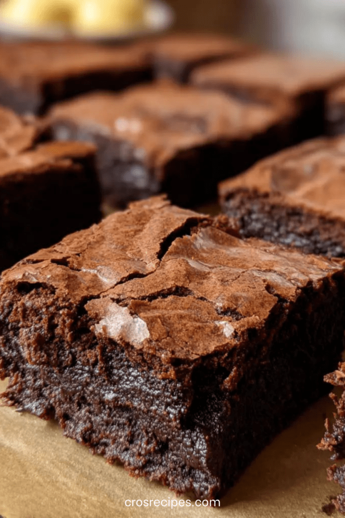 Brownie fondant au chocolat noir coupé en carrés, texture dense et moelleuse, surface légèrement craquelée, servi sur une assiette en bois.