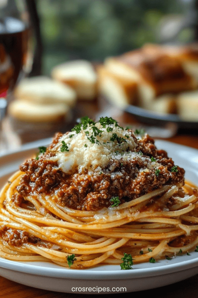 Spaghetti bolognaise maison avec sauce tomate mijotée au bœuf, légumes fondants, parmesan râpé et persil frais, servis dans une assiette creuse.