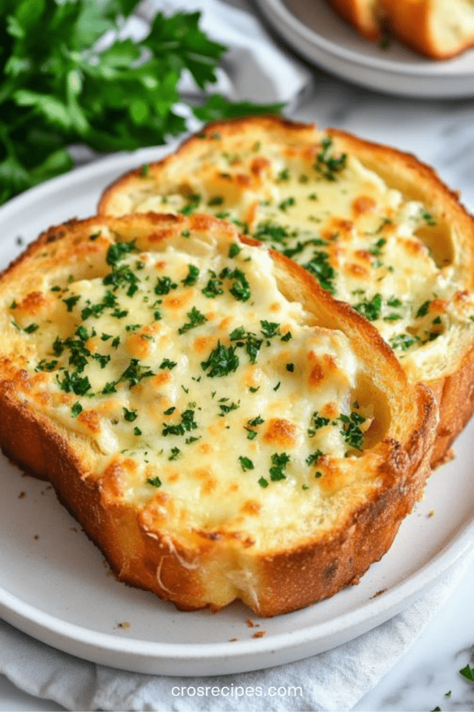 Tranches épaisses de pain à l’ail gratinées au fromage, dorées et croustillantes, garnies de persil frais, servies chaudes sur plaque de cuisson.