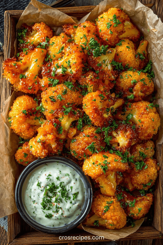 Chou-fleur croustillant épicé au four doré et pané, nappé de sauce piquante brillante, servi avec un dip crémeux au yaourt et citron.
