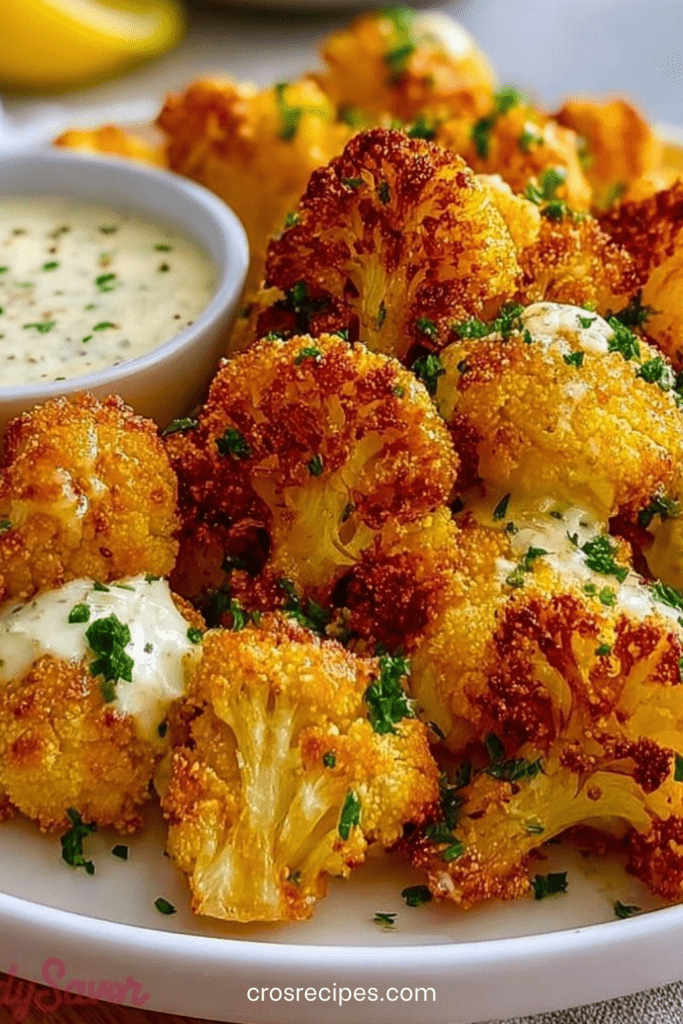 Chou-fleur croustillant au parmesan doré au four, panure croustillante, servi chaud avec sauce crémeuse au yaourt et citron sur table rustique.