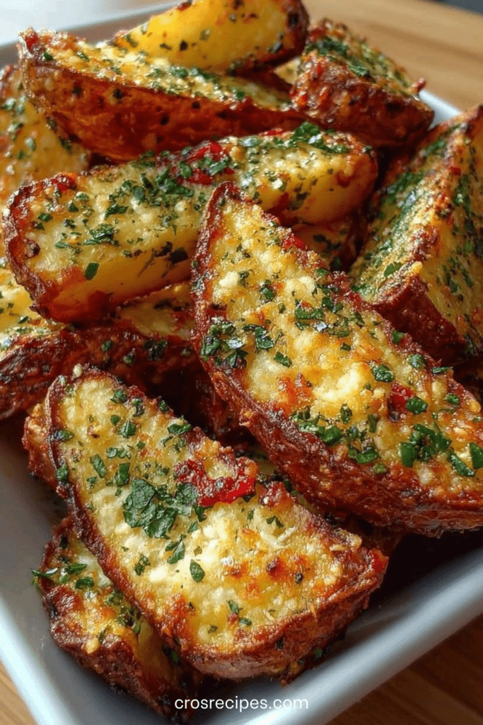 Pommes de terre rôties croustillantes dorées au four, assaisonnées à l’ail et persil frais, servies chaudes sur plaque rustique.