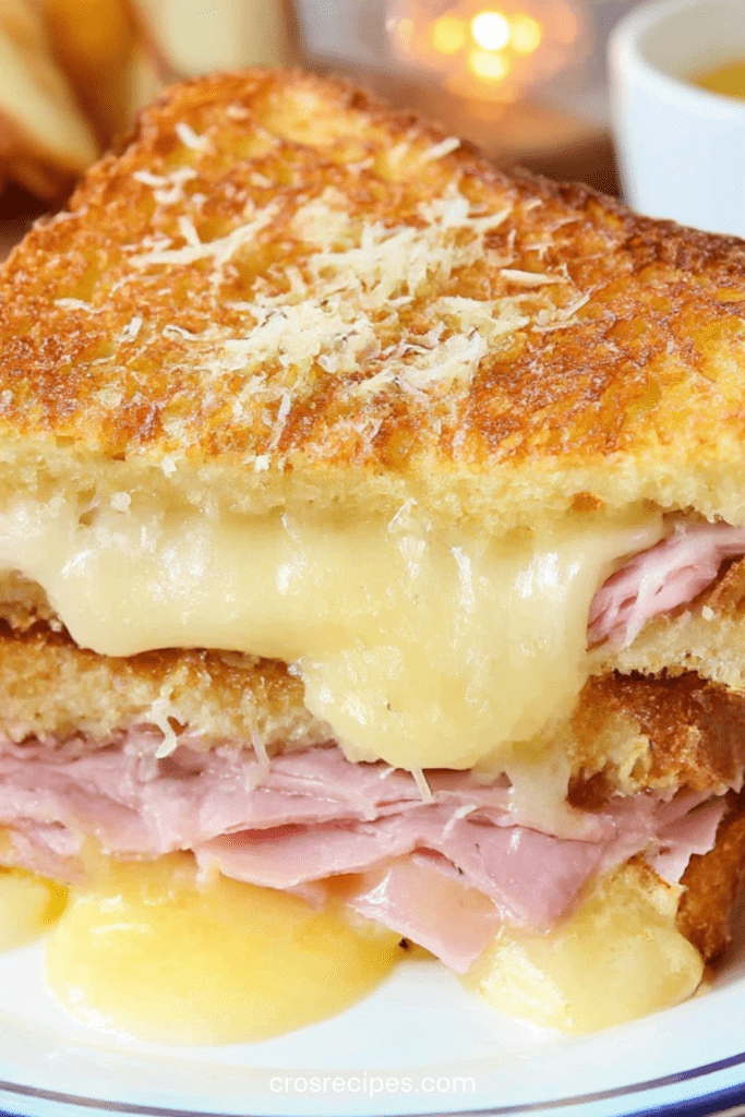 Croque-monsieur doré et croustillant au jambon blanc et fromage fondu, servi chaud avec salade verte sur table en bois.