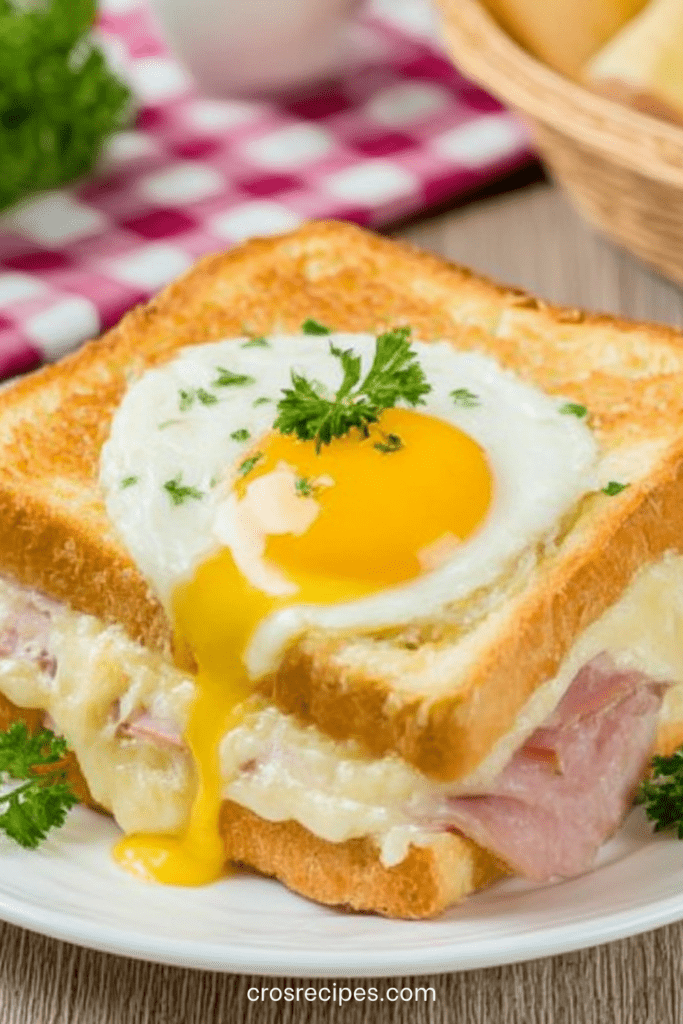Croque-madame doré au four avec jambon blanc, fromage fondu et œuf au plat coulant, servi chaud avec herbes fraîches.