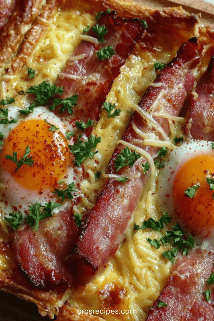 Tarte croustillante aux œufs au plat, bacon doré et fromage fondu sur pâte feuilletée, servie chaude avec persil frais.