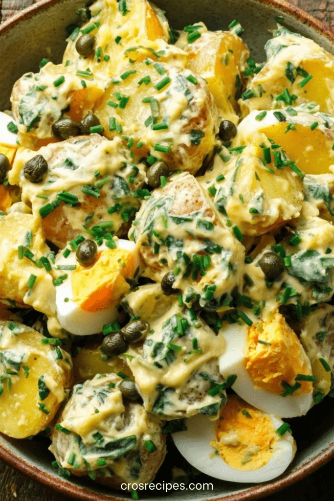 Salade de pommes de terre nouvelles aux œufs durs et câpres, mélangée à une sauce crémeuse à la ciboulette, servie froide dans un saladier.