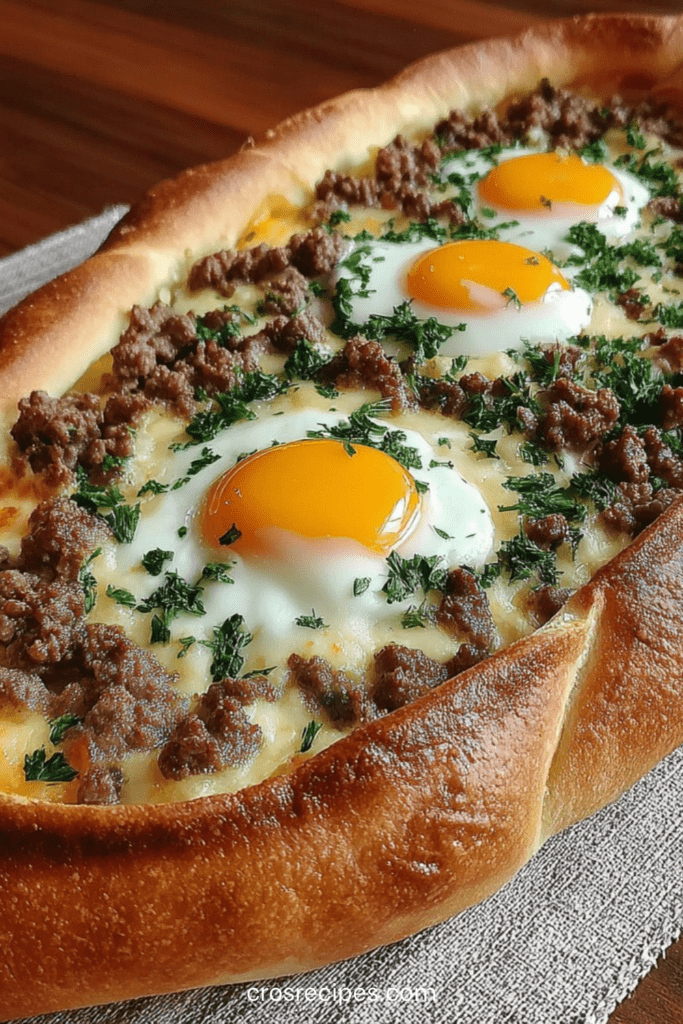 Pide turque en forme de bateau garnie de viande hachée, fromage fondu et œufs coulants, cuite au four et parsemée de persil frais.