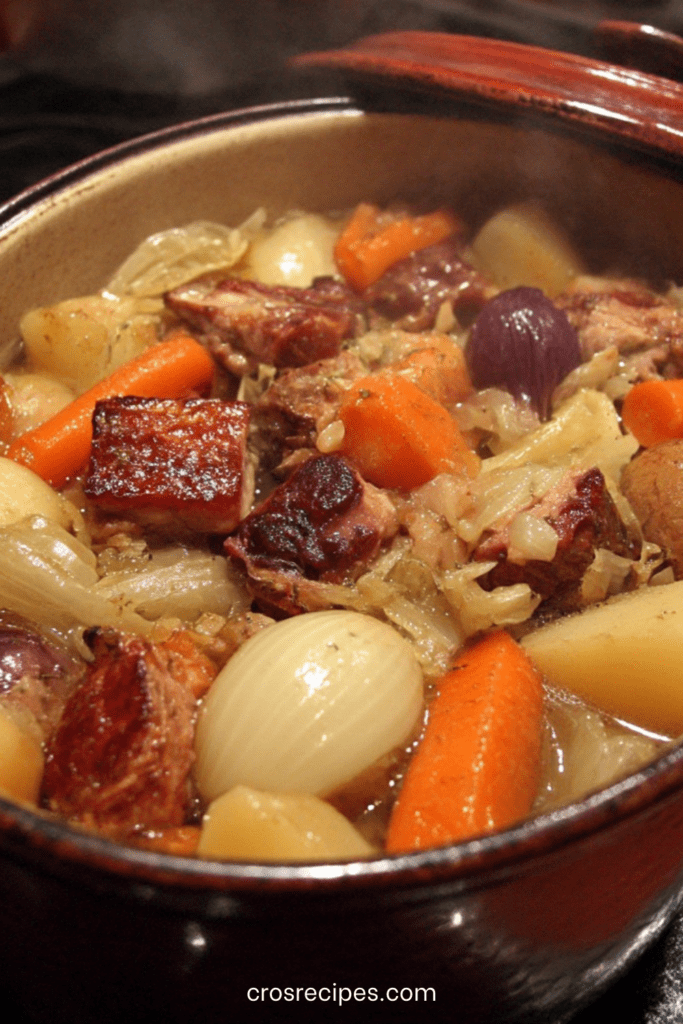 Potée savoyarde traditionnelle en cocotte avec chou vert, palette de porc, saucisses fumées, carottes et pommes de terre servie bien chaude.