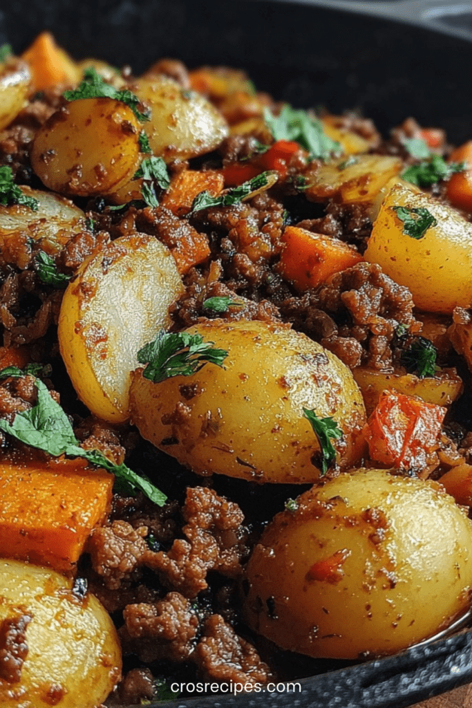 Poêlée de pommes de terre grenailles dorées avec viande hachée, carottes, poivron rouge et persil frais servie bien chaude.