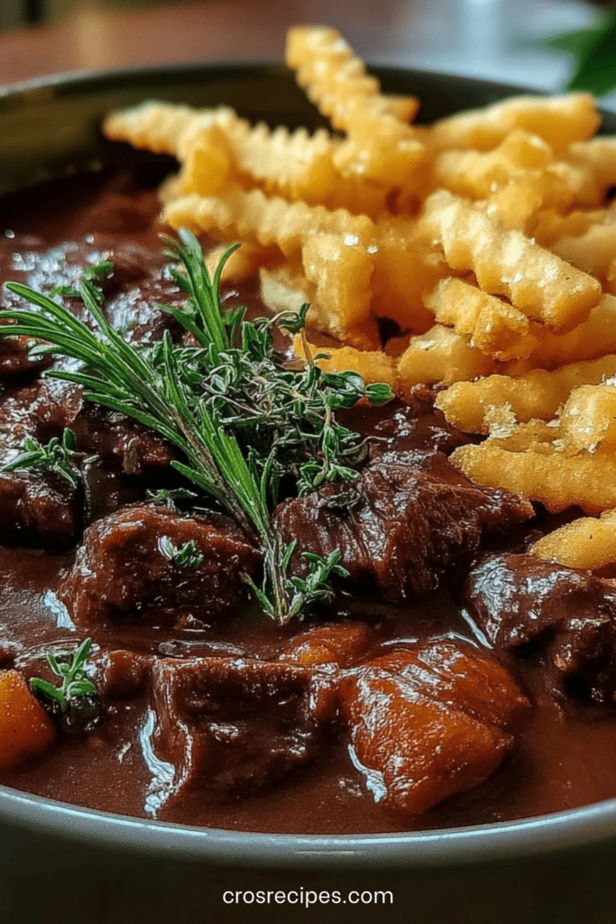 Bœuf mijoté en sauce épaisse avec carottes et herbes, servi chaud accompagné de frites croustillantes dorées et fleur de sel.