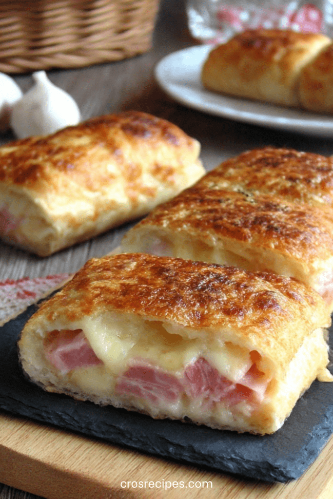 Croque-monsieur roulé en bouchées apéritives dorées à la poêle, garnies de jambon et fromage fondant, servis chauds sur plateau.