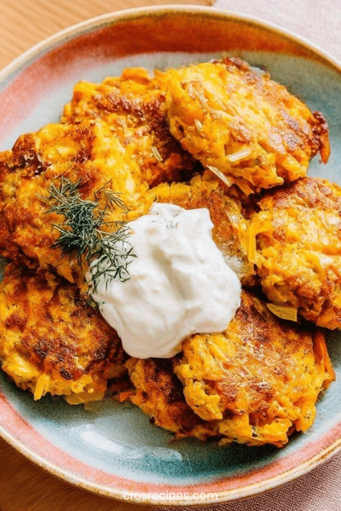 Galettes de légumes dorées au four à base de carottes et courgettes, servies avec une sauce yaourt citronnée aux herbes fraîches.
