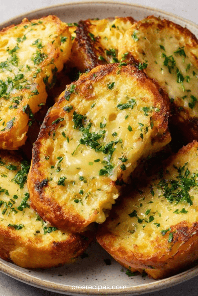 Tranches de pain perdu salé dorées à la poêle avec fromage fondu et herbes fraîches, servies chaudes sur assiette.
