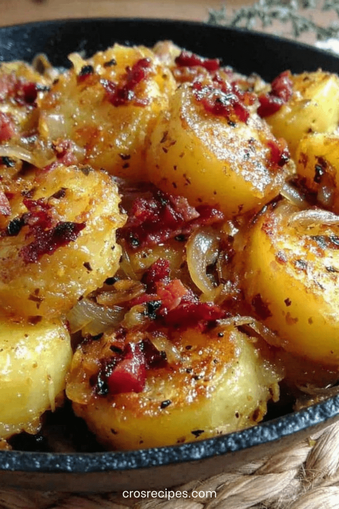 Poêlée de pommes de terre dorées avec lardons fumés croustillants et oignons fondants, servie chaude dans une poêle rustique.