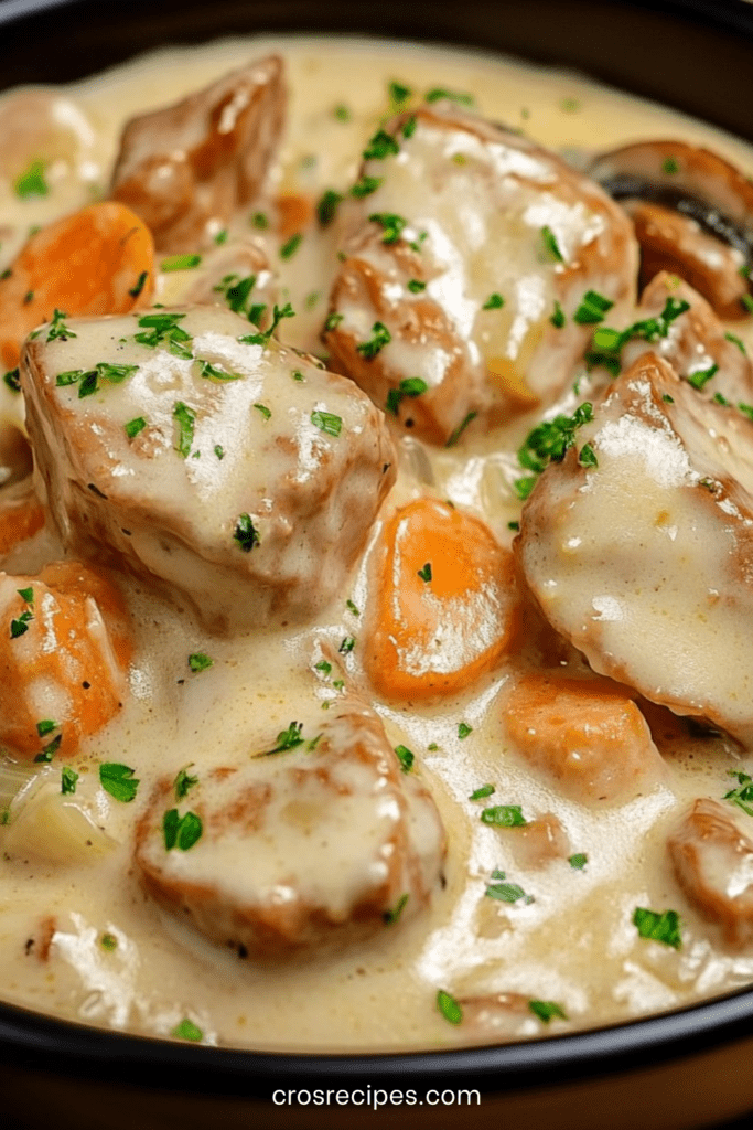 Blanquette de veau crémeuse avec carottes, champignons et persil frais, servie chaude dans une cocotte avec sauce blanche onctueuse.