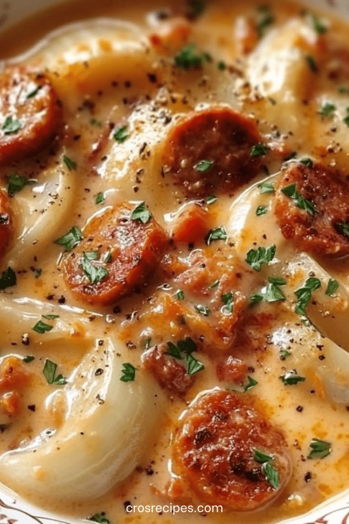 Fondue d’endives au chorizo servie dans une poêle, sauce crémeuse onctueuse, rondelles de chorizo dorées, persil frais ciselé et texture fondante des endives.