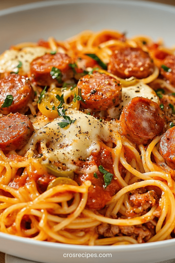 Assiette de spaghetti à la saucisse nappés de sauce tomate fondante, fromage râpé fondant sur le dessus, persil frais, présentation gourmande et chaleureuse.