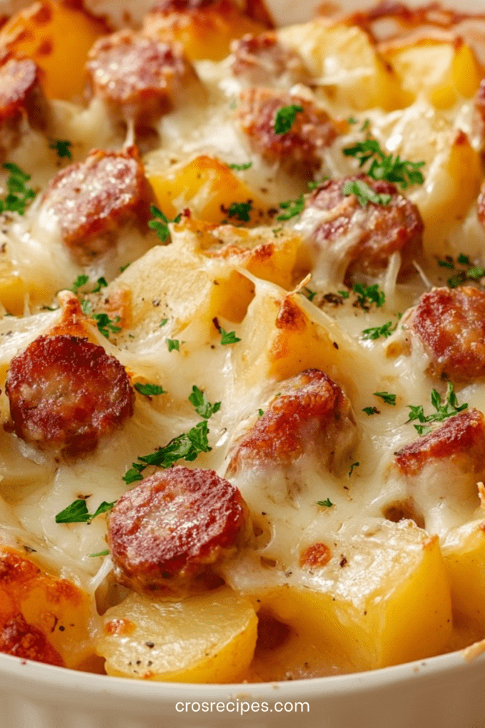 Gratin de pommes de terre et saucisses doré au four dans un plat en céramique, fromage fondu gratiné, sauce crémeuse onctueuse et persil frais en décoration.