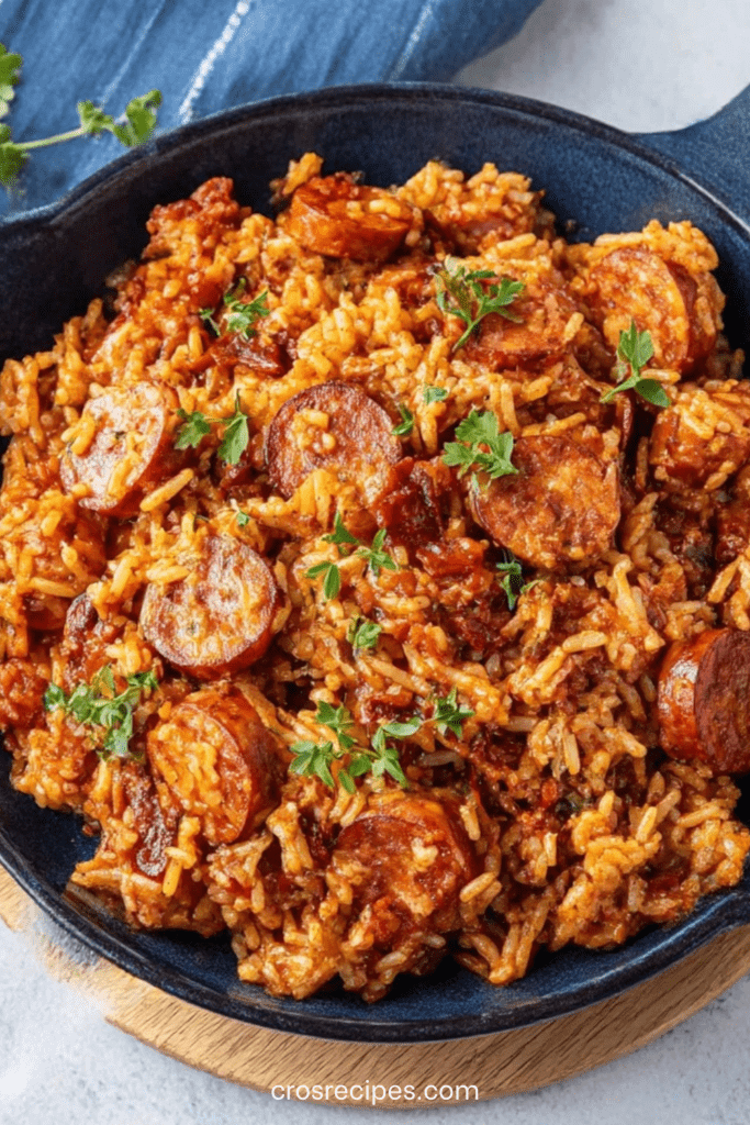 Riz au chorizo mijoté servi dans une poêle rustique, grains de riz fondants imprégnés de sauce tomate, rondelles de chorizo dorées et persil frais.