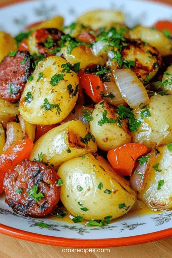 Salade de pommes de terre au chorizo servie dans un grand saladier, morceaux de pommes de terre dorés, dés de poivrons colorés, rondelles de chorizo croustillantes et persil frais.