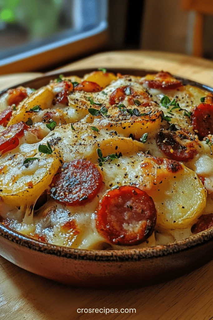 Gratin de pommes de terre au chorizo doré au four dans un plat en céramique, couches fondantes de pommes de terre, fromage gratiné, rondelles de chorizo croustillantes et thym frais.